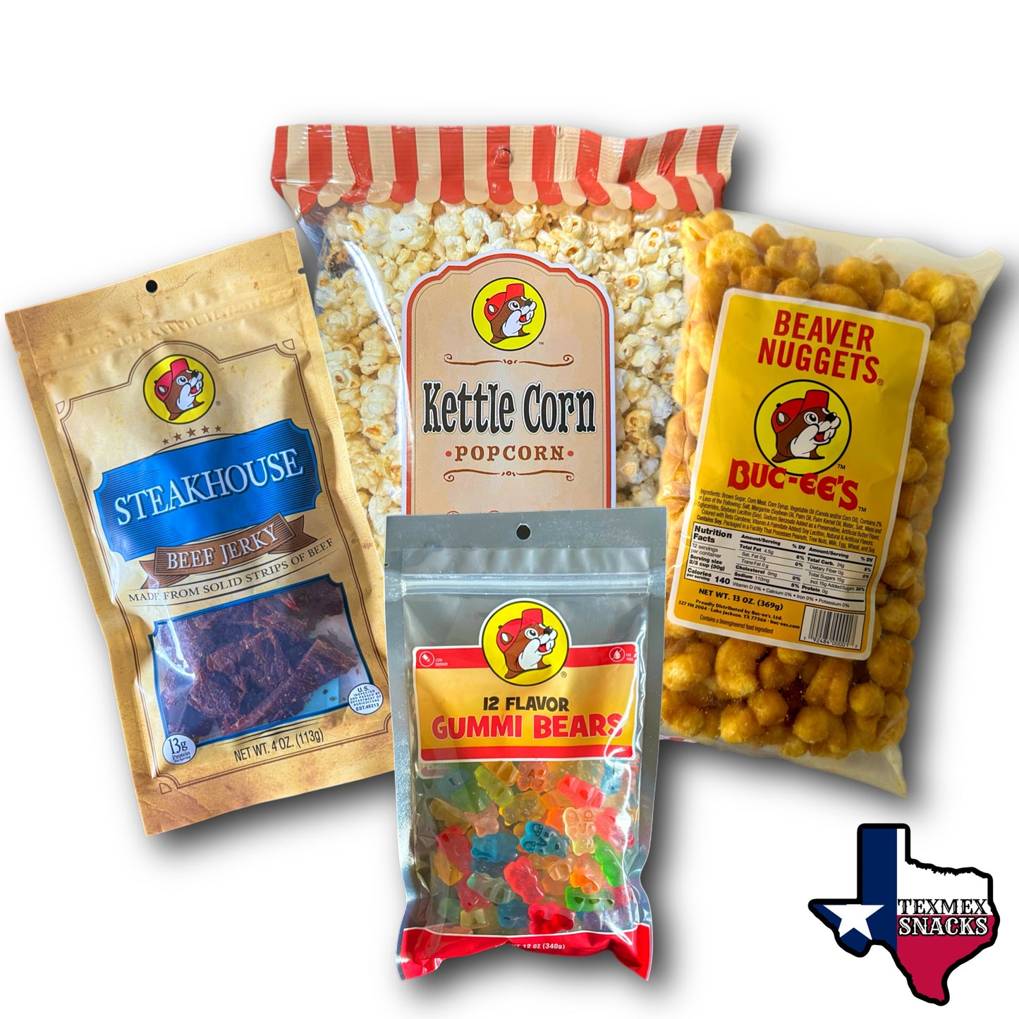 Bucees Snack Bundle (4pc) Beef Jerkey, Beaver Nuggets, Gummy Bears, Kettle Corn